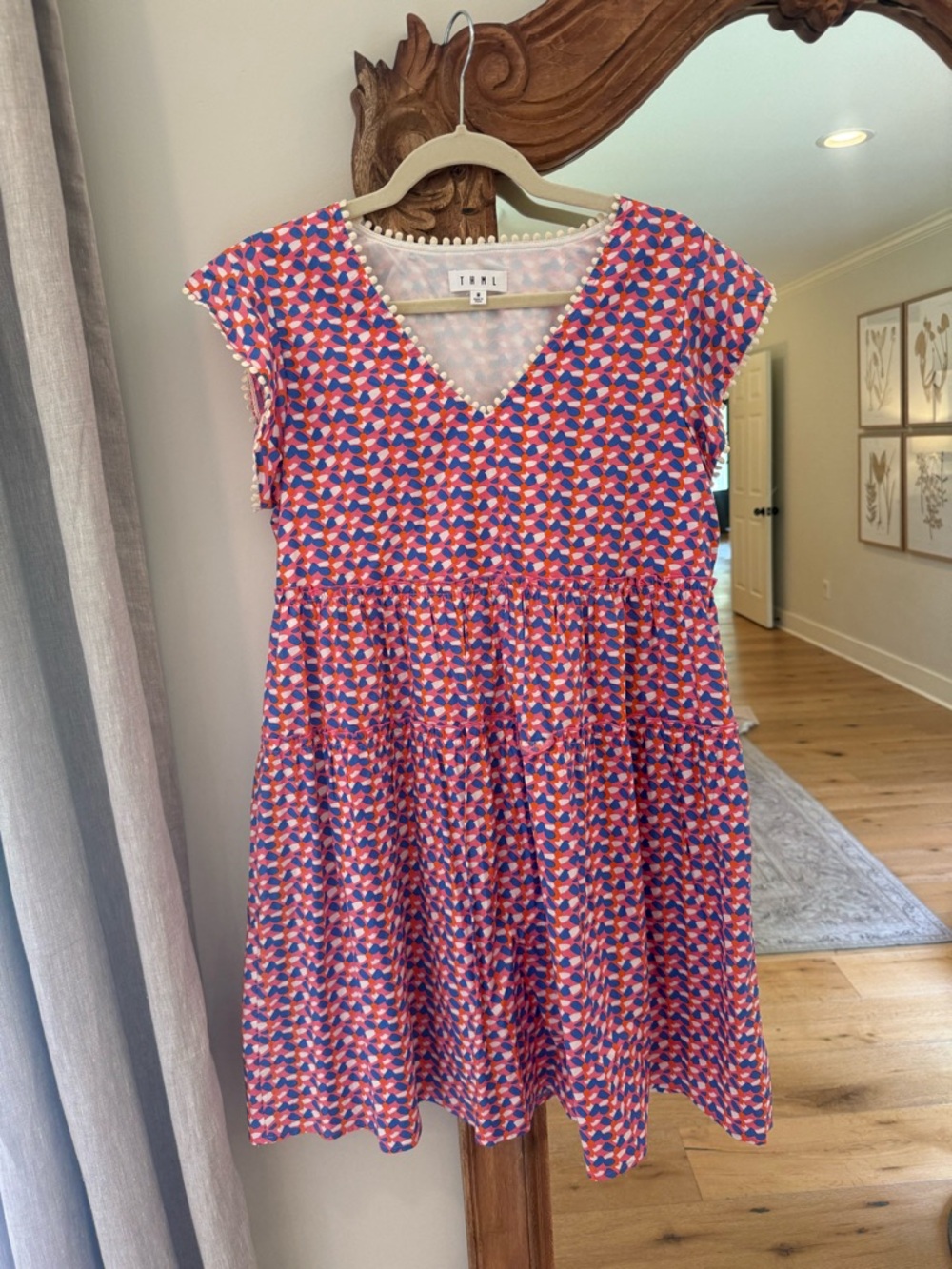 THML Pink & Blue Geometric V-Neck Casual Dress